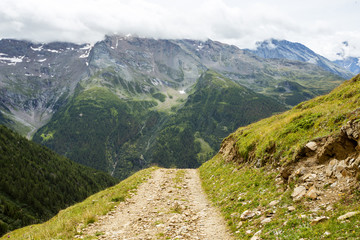 dirt road in Switzerland, green meadows and mountains