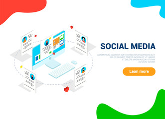 The concept of social networks. Flat isometric vector illustration isolated on white background. Can be used on sites and web banners. Trend building.Social media flies from the phone.