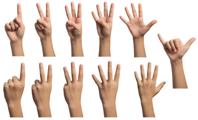Isolated hand gestures and signals from Asian female child hand, multiple options. Includes clipping path.