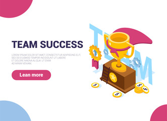 Collaboration is the construction of an agent group to create a team for team success. Web design banner. White isolated concept with flat isometric vector symbols. Teamwork. Cup. Competition.