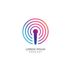 Colorful podcast logo design template. Microphone icon with signal wave illustration. Magenta, Purple, Blue Gradation Color