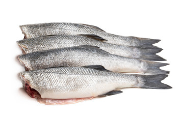 Raw whole headless seabass fish isolated on white