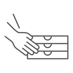Hands holding pizza boxes thin line icon, pizza and service, pizza delivery sign, vector graphics, a linear pattern on a white background, eps 10.