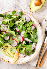 Salad of fresh vegetables and herbs. Appetizer with radish, avocado and mung bean salad. Concept of healthy eating. Vitamins for immunity. Food for vegetarians.