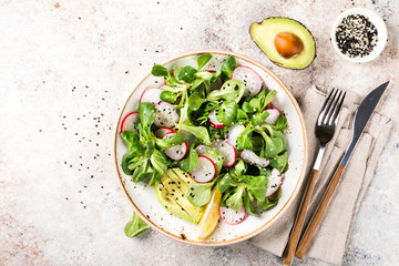 Salad of fresh vegetables and herbs. Appetizer with radish, avocado and mung bean salad. Concept of healthy eating. Vitamins for immunity. Food for vegetarians. Copy space