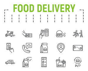 Food delivery line icon set, fast food symbols collection, vector sketches, logo illustrations, food delivery service icons, fast delivery signs linear pictograms package isolated on white background.