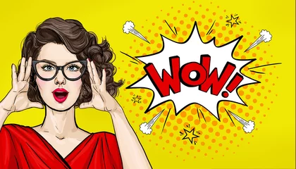 Überraschte Pop-Art-Frau in Hipster-Brille. Werbeplakat oder Partyeinladung mit sexy Clubgirl mit offenem Mund im Comic-Stil. Präsentieren Sie Ihr Produkt. Ausdrucksstarke Gesichtsausdrücke © lucky1984