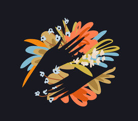 Hands embracing hugging flowers floral flat graphic composition for greeting card or t shirt on black background. Vector decorative blooming florals and female arms holding a bouquet.