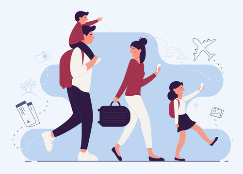 People in airport vector illustration. Parents with luggage and children, smiling adults and kids, tourists flat characters. Travelling, journey, family trip, vacation, rest flight