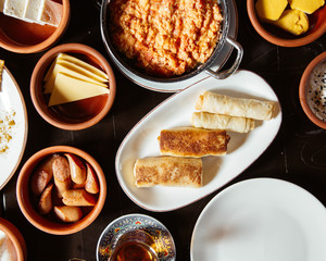 breakfast set with omelette and pancakes