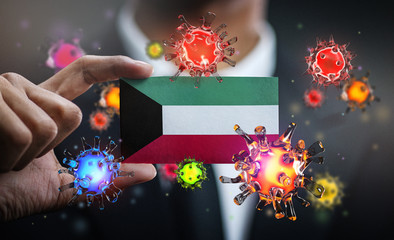 Corona Virus Around Kuwait Flag. Concept Pandemic Outbreak in Country