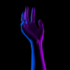 Neon colors open hand sculpture giving, holding, take or showing something gesture isolated on black background, 3d illustration,