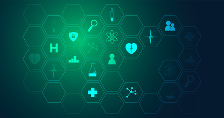 icone, mediche, farmaceutica, struttura esagonale, salute