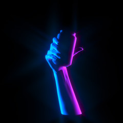 Neon gradient hand gesture holding can isolated on black backgrounds, display beverage banner, soda drink advertising creative design concept, 3d rendering