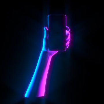 Mobile Phone Hold, Neon Duotone Hand Holding Smart Phone Isolated On Black, Futuristic Female Hand Statue With Smartphone 3d Illustration.