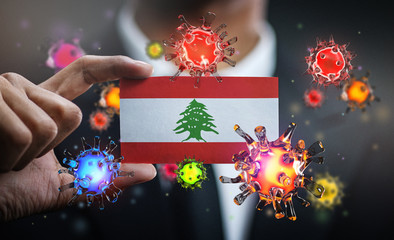 Corona Virus Around Lebanon Flag. Concept Pandemic Outbreak in Country