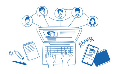 Learning online, e-learning, connection with different people. Distance education