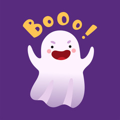 White Ghost Saying Boo, Cute Halloween Spooky Character Vector Illustration