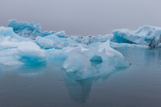 Eisberge in isl&auml;ndischer Gletscherlagune J&ouml;kulsarlon, teilweise mit Seehunden. Gletscherabbruch.