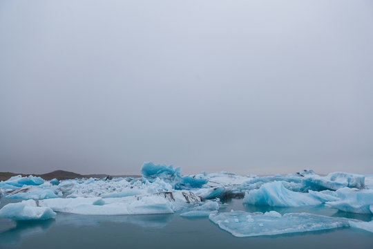 Eisberge in isl&auml;ndischer Gletscherlagune J&ouml;kulsarlon, teilweise mit Seehunden. Gletscherabbruch.