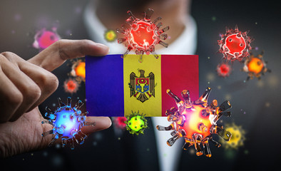 Corona Virus Around Moldova Flag. Concept Pandemic Outbreak in Country