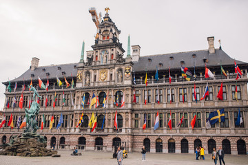 Antwerp city hall with flags of all Nations