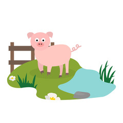 Pig flat. Cute cartoon vector illustration. Farm animal with landscape.