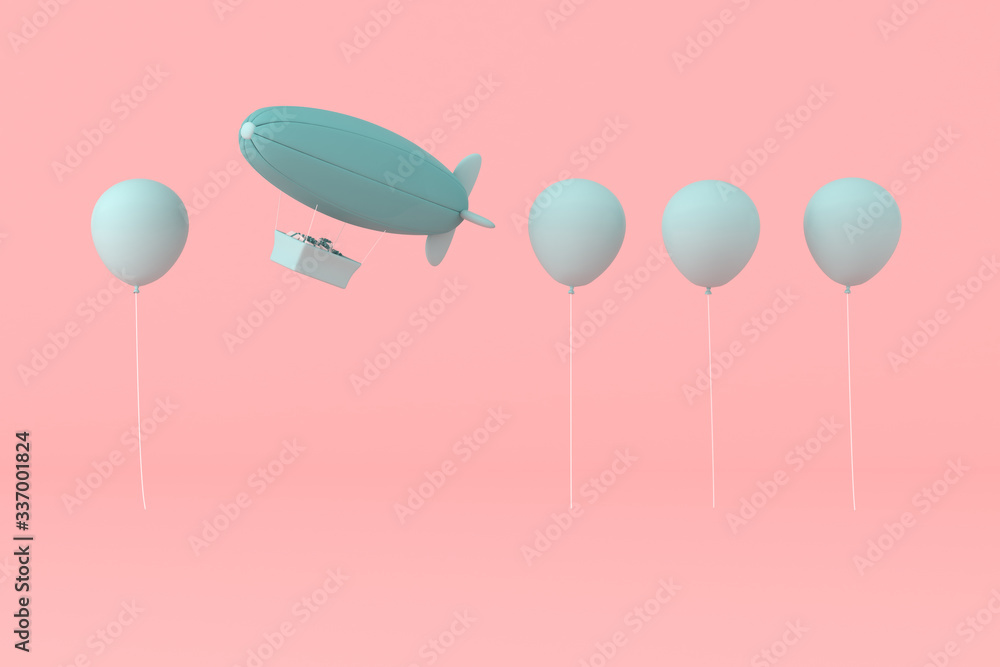 Poster minimal concept of balloons and airship with present in the basket on pastel background. 3d renderin