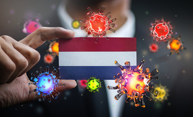Corona Virus Around Netherlands Flag. Concept Pandemic Outbreak in Country