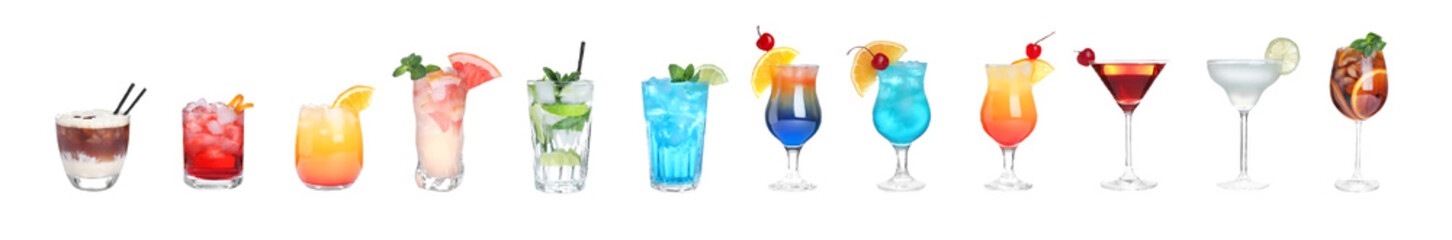 Set of tasty alcoholic cocktails on white background. Banner design