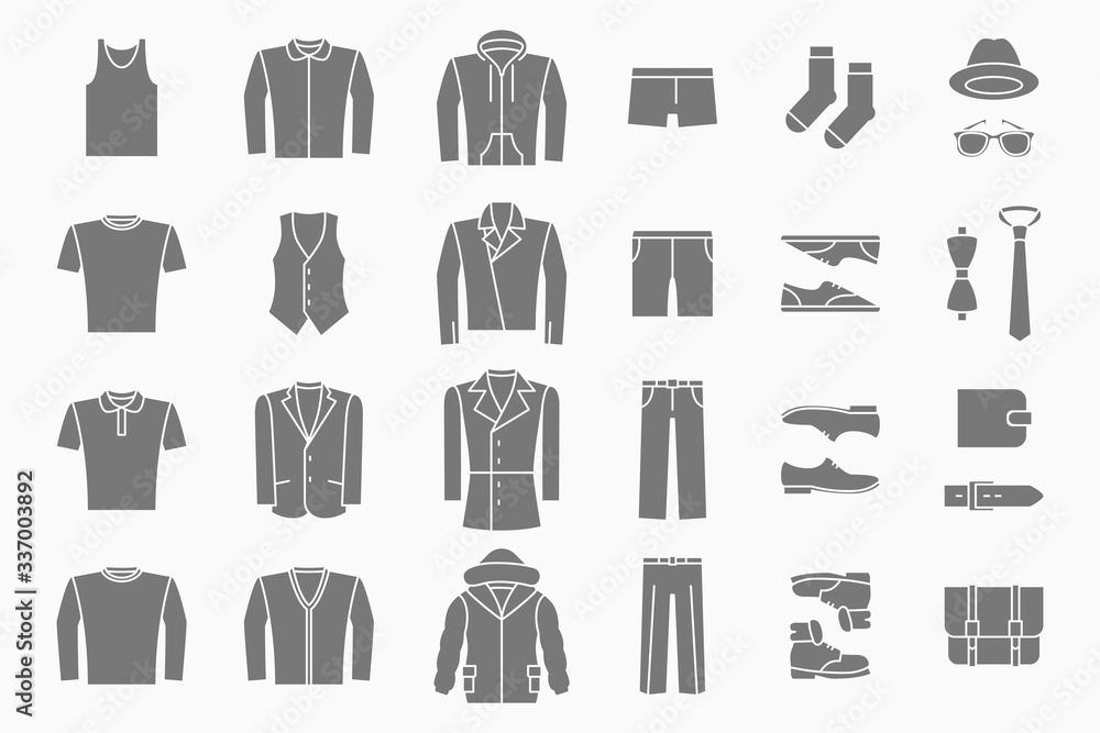 Wall mural Fashion Icons set - Vector silhouettes of men's clothing for the site or interface