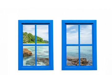 Vintage modern blue windows frame with space, blue ocean beautiful white beach landscape.