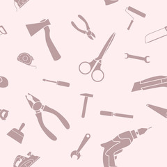 Obraz premium Work tool - Vector background (seamless pattern) of silhouettes hammer, wrench, screwdriver, pliers, spanner, drill, axe and knife for graphic design