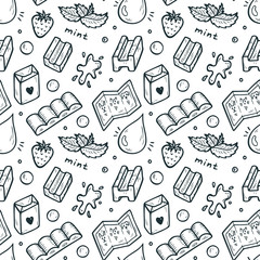 Strawberry and Mint Bubble Gum Seamless pattern. Hand Drawn Doodle Chewing Gums. Sweets. Black and White Vector illustration 
