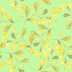 Fototapeta na wymiar Yellow watercolour branches on light-green background. Floral seamless pattern, tender textile print, wallpaper design.