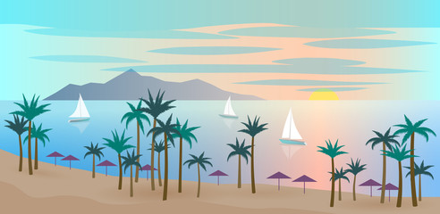Fototapeta na wymiar Summer seaside landscape with palm trees, island, sailboats. Vector illustration background.