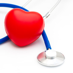 Doctor stethoscope blue rubber checking red heart and check patient heartbeat for diagnose disease,...