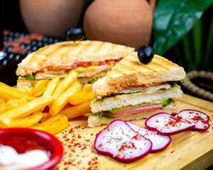 club sandwich with fries and sliced radish