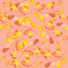 Fototapeta na wymiar Pink-yellow watercolour branches on pink background. Floral seamless pattern, tender textile print, wallpaper design.