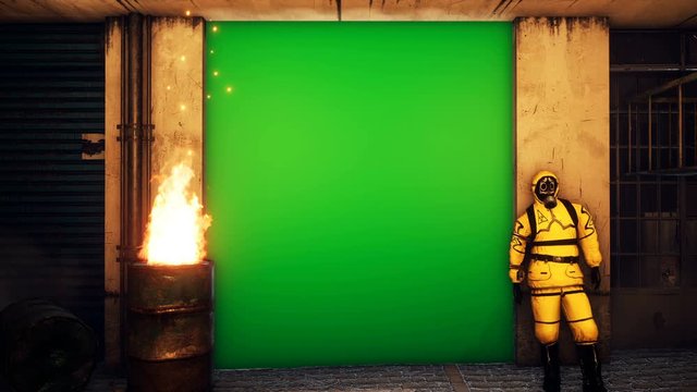 A man in a yellow protective suit stands outside the building against a green screen. Men in bacteriological suits and gas masks. Looping animation with an green screen.