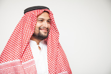 Arab sheikh wearing headscarf portrait isolated on white background