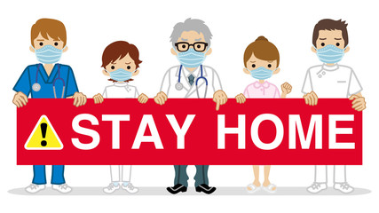 Medical occupation people holding banner written 