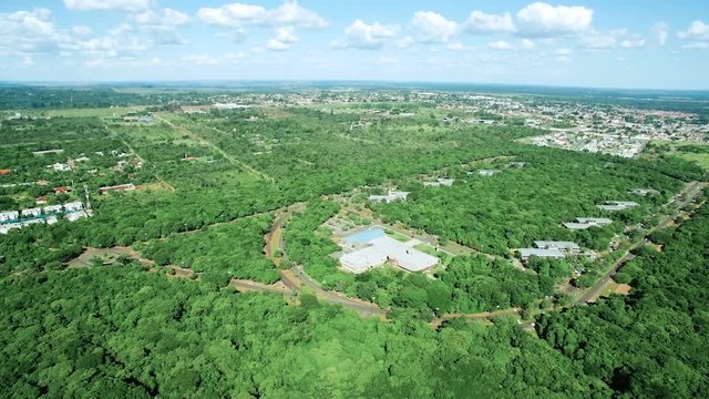 Aerial view of the Parque dos Poderes park at Campo Grande MS, Brazil and the woods of the state park of Prosa. Small urban area surrounded by nature. Park of the powers in english.