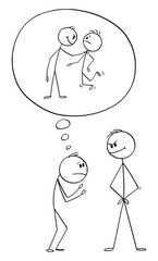 Vector cartoon stick figure drawing conceptual illustration of stressed man in fear crouch or cringe to more confident and successful man, imaging yourself as stronger.