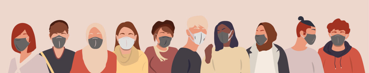Group of people wearing medical masks to prevent disease, flu, air pollution.  Coronavirus. Vector illustration in a flat style.