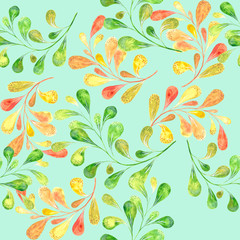 Fototapeta na wymiar Green and orange watercolour branches on light green-blue background. Floral seamless pattern, tender textile print, wallpaper design.