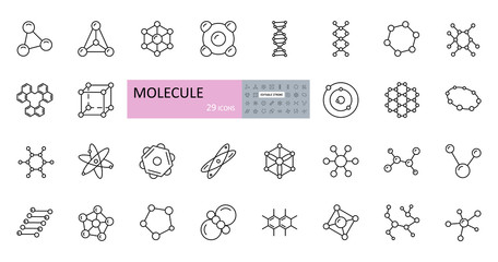 Vector molecule icons. Set of editable stroke icons. Molecule structure, chemical bonds, atom, scientific research, electron orbit, DNA chain, elements