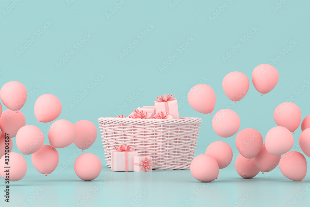 Poster minimal conceptual idea of present boxes in the basket surround by pink balloons on pastel backgroun