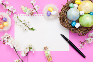 Naklejka na ściany i meble Blank notepad and rucca sheet with easter decorative elements. Spring mock up for your texts