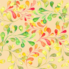 Green, red and yellow watercolour branches on light-orange background. Floral seamless pattern, tender textile print, wallpaper design.